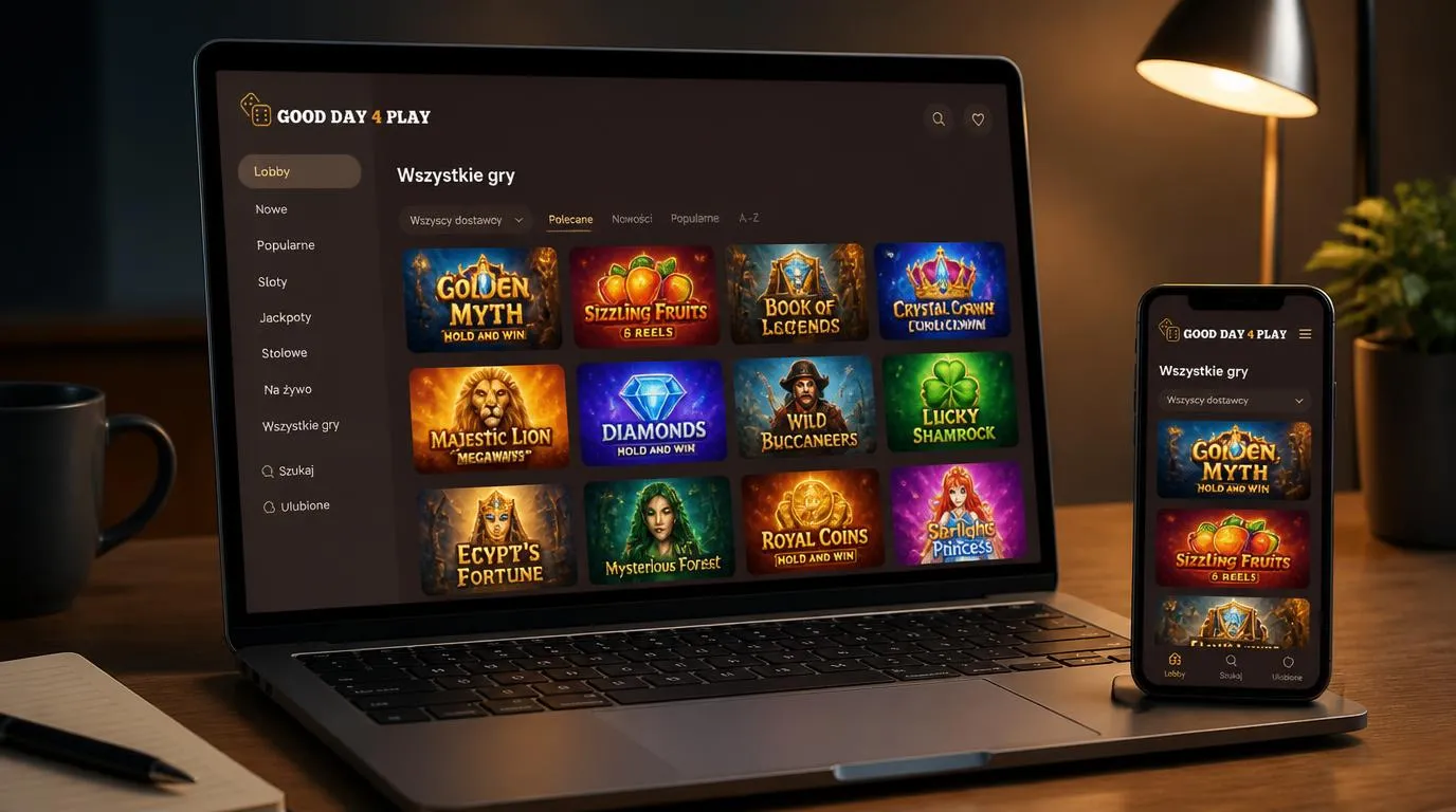 Ekran platformy kasynowej z przejrzystym katalogiem gier na laptopie