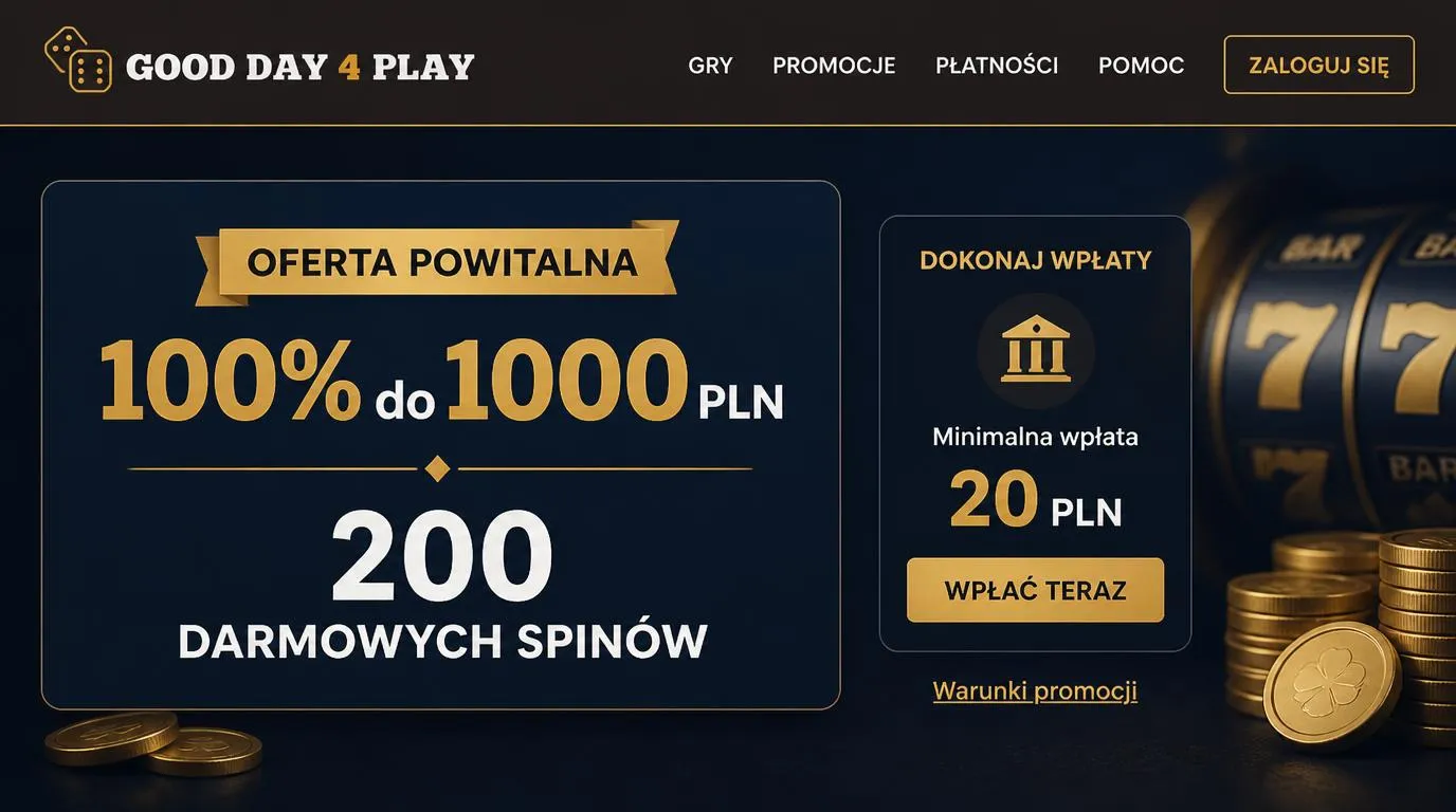 Ekran oferty powitalnej z bonusem do 1000 PLN, 200 spinami i minimalną wpłatą 20 PLN