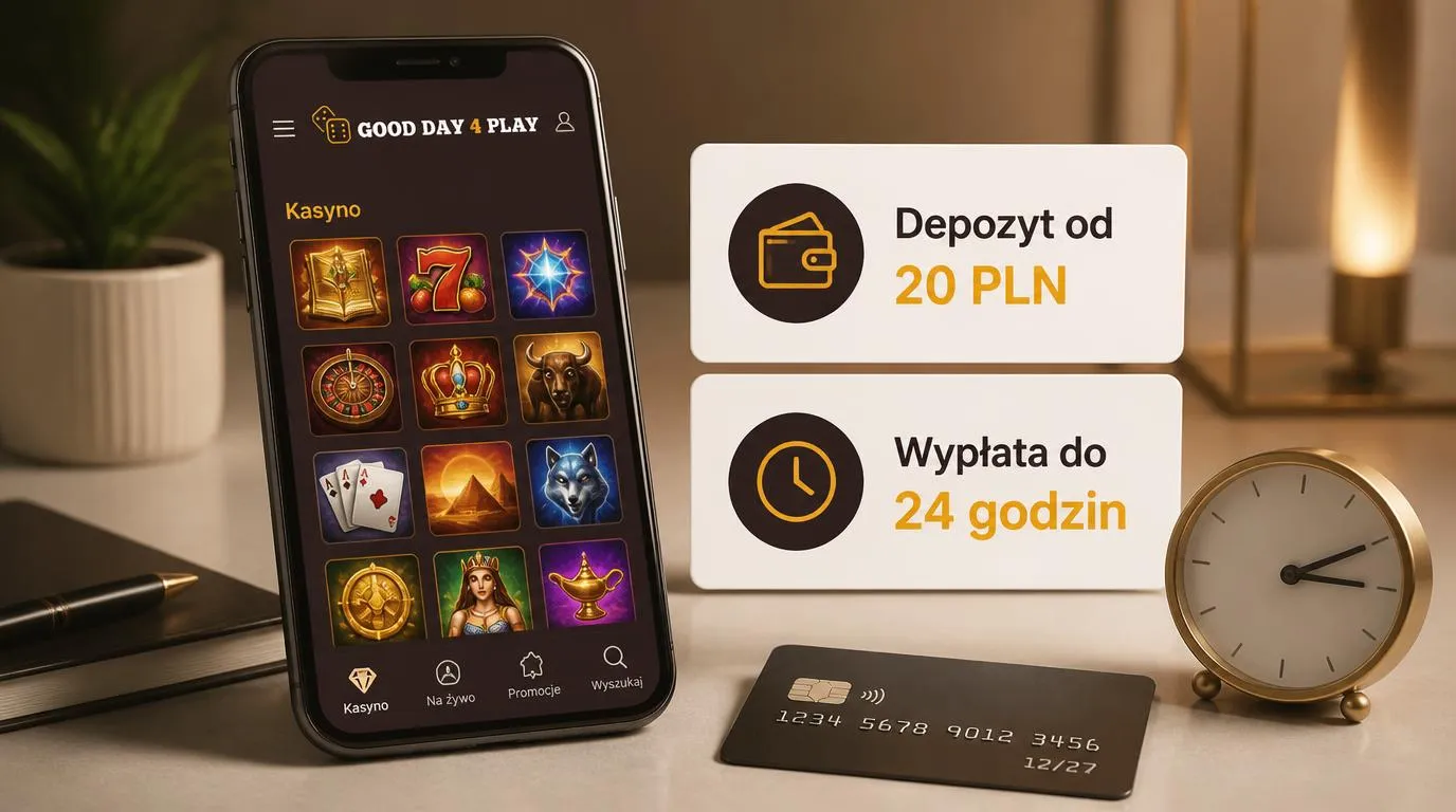 Telefon z widokiem kasyna online, informacją o depozycie 20 PLN i wypłacie do 24 godzin